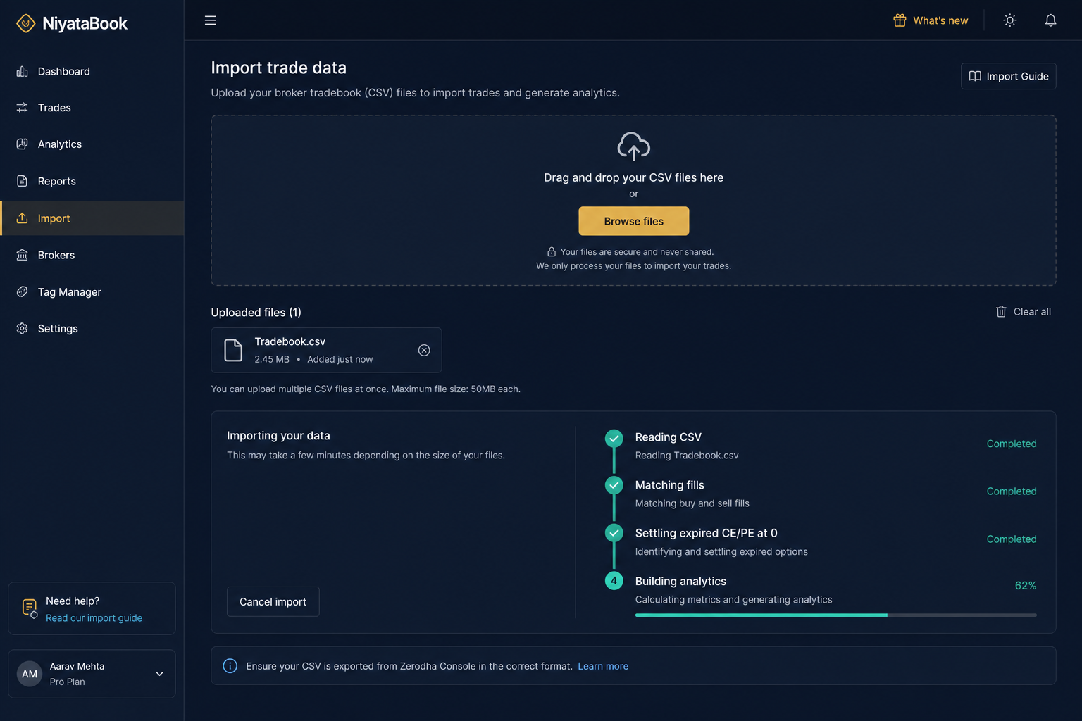 NiyataBook Zerodha CSV import progress